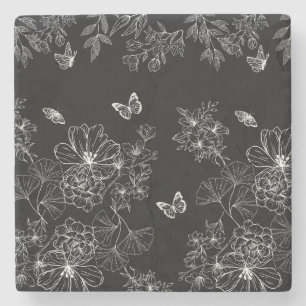 Porta-copo De Pedra Padrão natural floral preto e branco minimalista