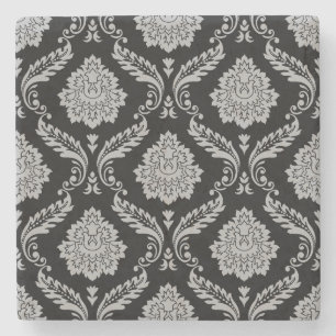 Porta-copo De Pedra Padrão Rococó Damask Cinza no Preto