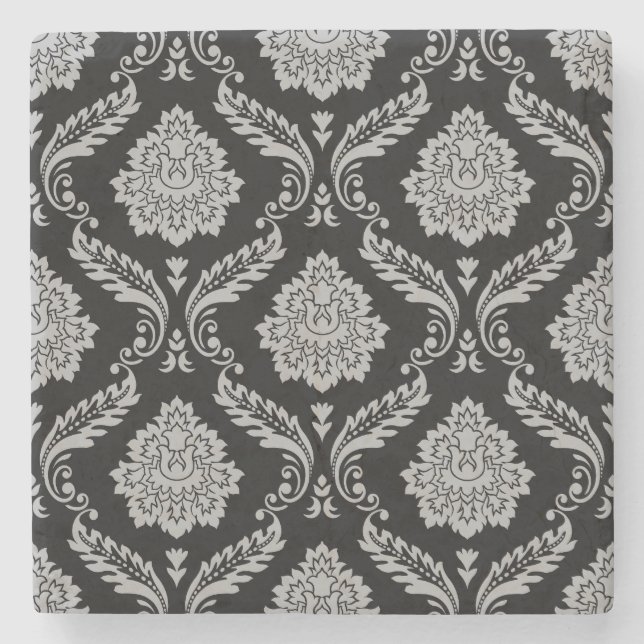 Porta-copo De Pedra Padrão Rococó Damask Cinza no Preto (Frente)