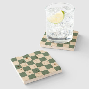 Porta-copo De Pedra Padrão Xadrez Verde e Creme Sofisticado