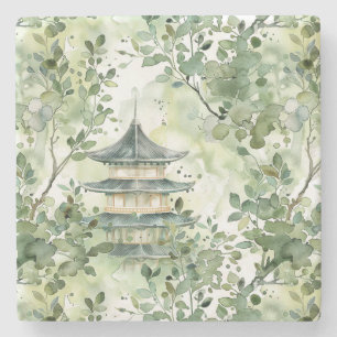 Porta-copo De Pedra Pagoda Asiática de Aquarela na Paisagem Verdante (