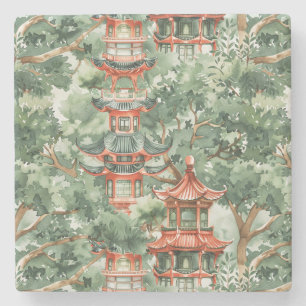 Porta-copo De Pedra Pagoda Asiática de Aquarela na Paisagem Verdante (