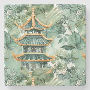 Porta-copo De Pedra Pagoda Asiática de Aquarela na Paisagem Verdante (