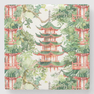 Porta-copo De Pedra Pagoda Asiática de Aquarela na Paisagem Verdante (