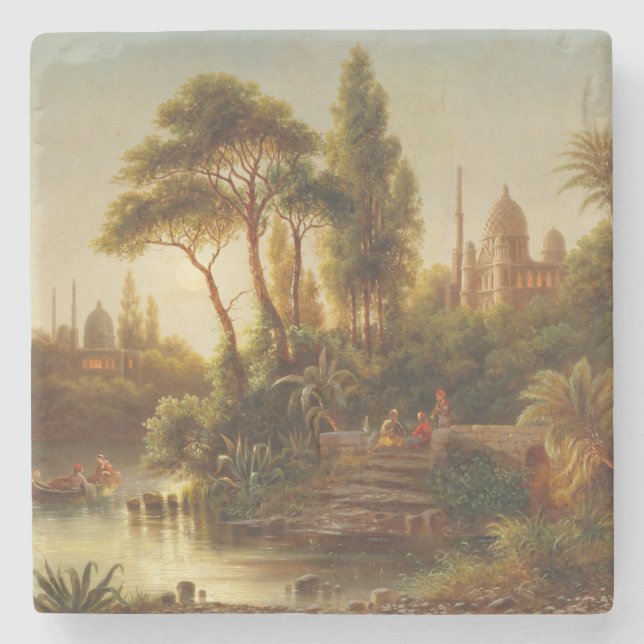 Porta-copo De Pedra Paisagem Asiática na Luz da Noite (Arte Sunset) (Frente)