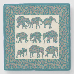Porta-copo De Pedra Paisley Elephants on Beige and Border Porta copos