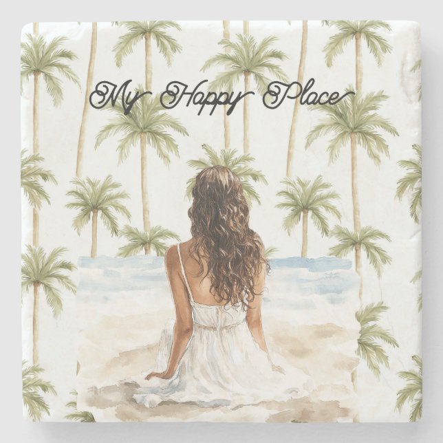 Porta-copo De Pedra Palm Trees Happy Place Brown Hair Lady Dress (Frente)