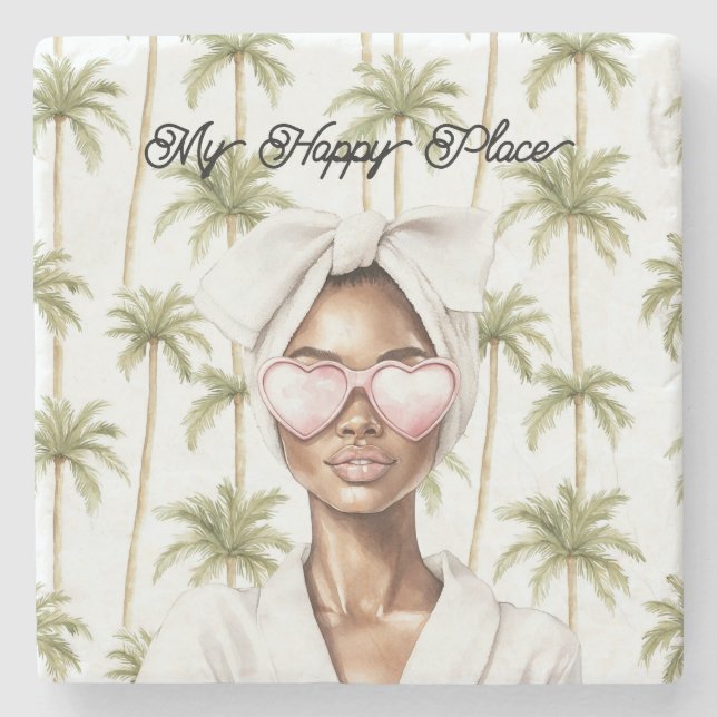 Porta-copo De Pedra Palm Trees Happy Place Heart Glasses Black Lady (Frente)