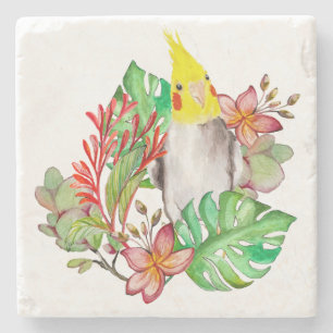 Porta-copo De Pedra Papagaio Corella fofo em plantas e flores tropicai