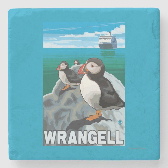 Porta-copo De Pedra Papagaio-do-mar & navio de cruzeiros - Wrangell, (Frente)