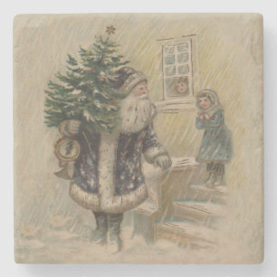 Porta-copo De Pedra Papai Noel Vintage Árvore de Natal na Neve