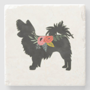 Porta-copo De Pedra Papillon Toy Dog Breed Boho Floral Silhouette