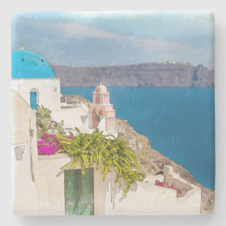 Porta-copo De Pedra Paraíso Grecian. Pintura da aguarela de Santorini