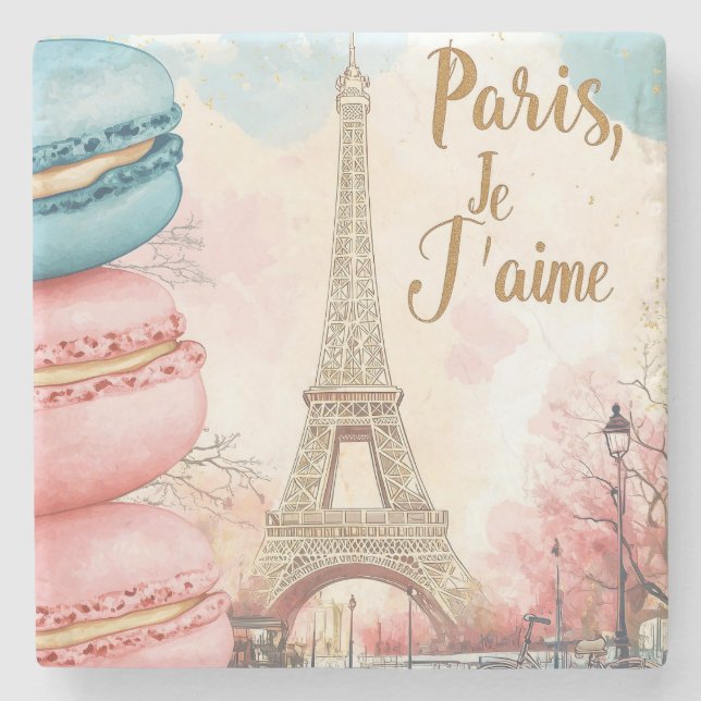 Porta-copo De Pedra Paris, Je T'aime - Torre Eiffel com Macarons (Frente)