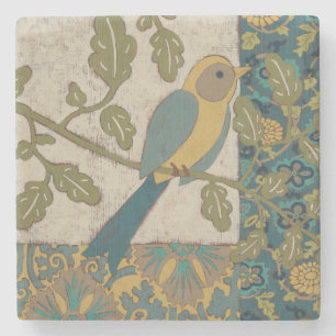 Porta-copo De Pedra Pássaro Amarelo e Azul Teal Empoleirado em uma ra