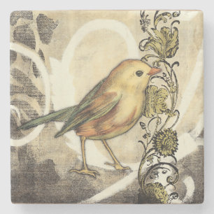 Porta-copo De Pedra Pássaro Amarelo e Verde no fundo da vinhagem