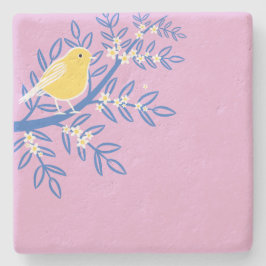 Porta-copo De Pedra Pássaro Amarelo Ilustrado em um Fundo Rosa