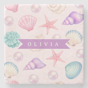 Porta-copo De Pedra Pastel Personalizado Concha Marinha Costeira Nome