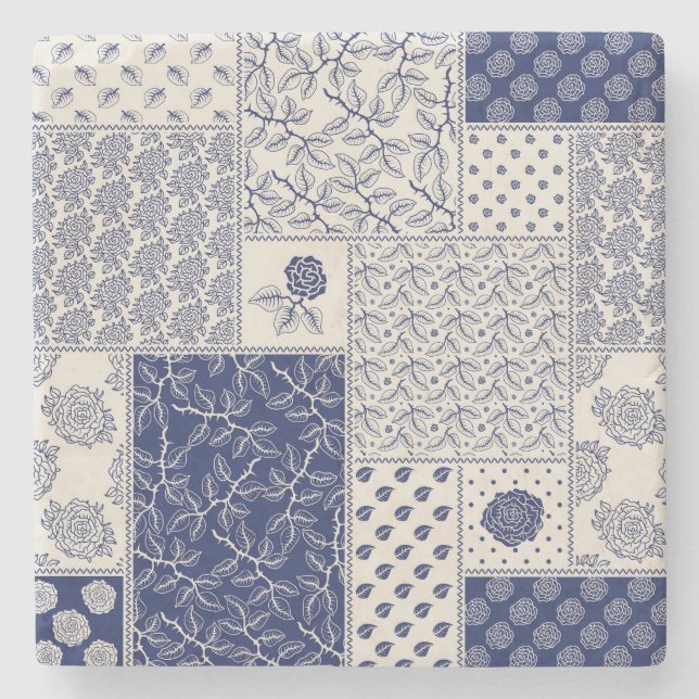 Porta-copo De Pedra Patchwork Floral do Indigo Blue Beige (Frente)