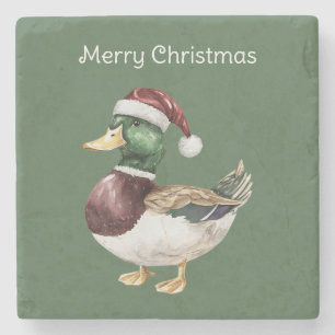 Porta-copo De Pedra Pato Verde Chapéu de Papai Noel Natal