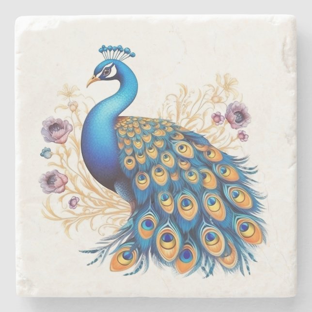 Porta-copo De Pedra Pavão Com Flores Roxas (Frente)