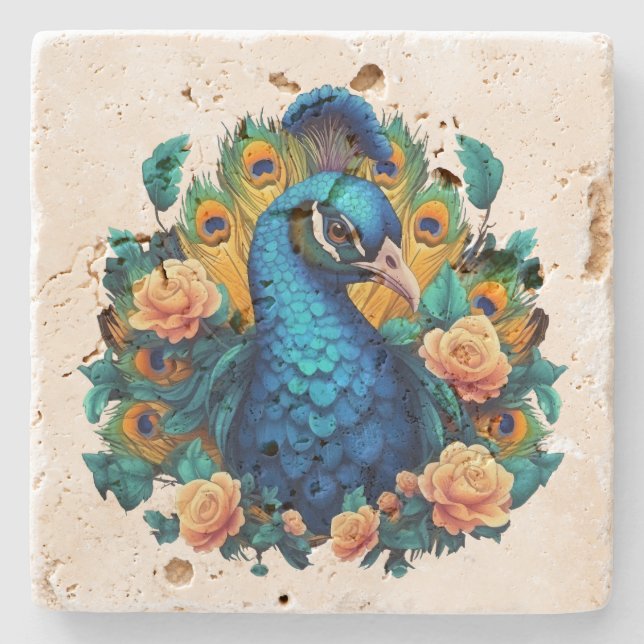 Porta-copo De Pedra Pavão com Rosas de Pêssego (Frente)
