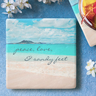 Porta-copo De Pedra Peace Love Sandy Feet Script Hawaii Tropical Beach