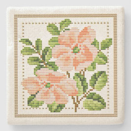 Porta-copo De Pedra Peach Flowers Needlepoint Vintage Style Porta copo