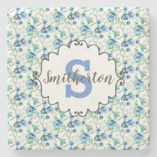 Porta-copo De Pedra Pedra delicada de monograma floral azul e branco