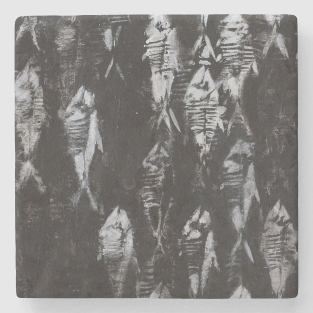 Porta-copo De Pedra Peixes Brancos Fósseis em Fundo Negro (Frente)