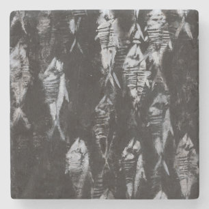 Porta-copo De Pedra Peixes Brancos Fósseis em Fundo Preto