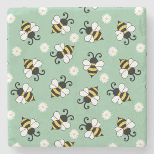 Porta-copo De Pedra Pequenas abelhas e flores margaridas