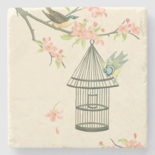 Porta-copo De Pedra Pequenas Aves Perecidas em um Ramo e em uma Birdca