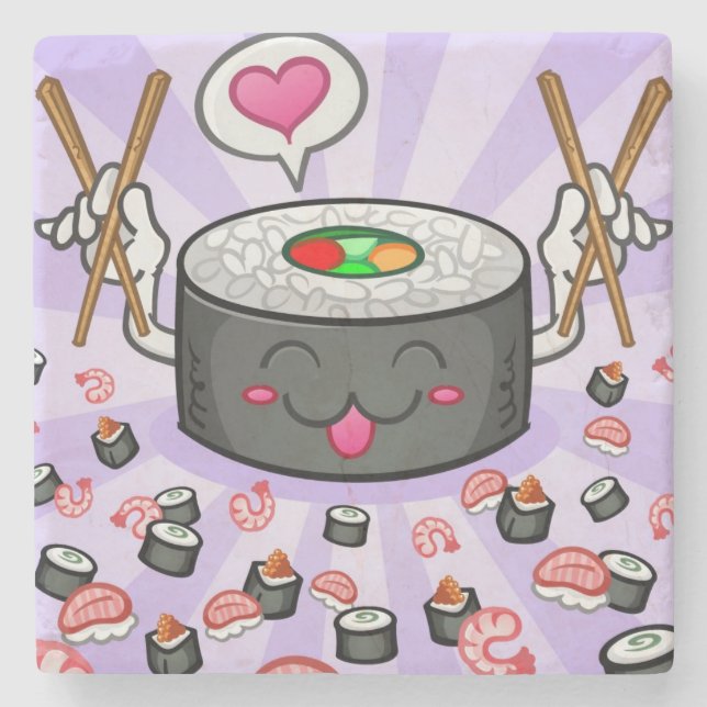 Porta-copo De Pedra Personagem de desenho animado do sushi que come (Frente)