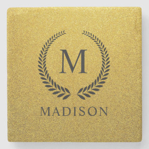 Porta-copo De Pedra Personalizado Dourado Preto e Glitter Monograma