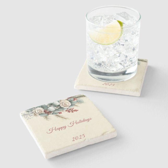 Porta-copo De Pedra Personalized Woodland Happy Holidays (Lateral)