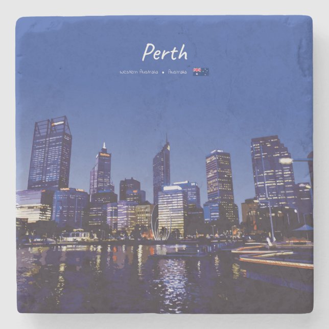 Porta-copo De Pedra Perth, Austrália - Silhueta da Cidade à Noite (Frente)