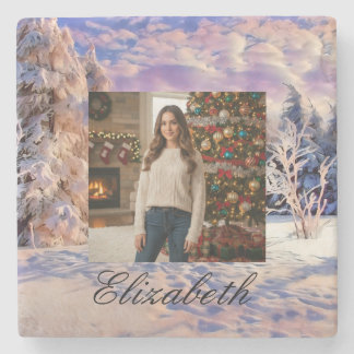 Porta-copo De Pedra Photo Name Winter Scenery Purple Pink Watercolor