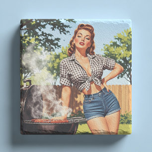 Porta-copo De Pedra Pin-up de Churrasco Vintage