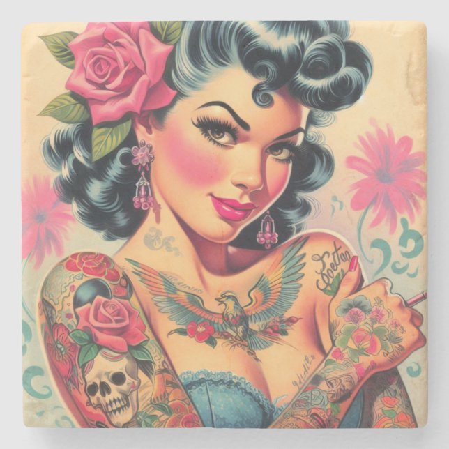 Porta-copo De Pedra Pin-up de Cuta Retro Tatuado (Frente)