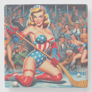 Porta-copo De Pedra Pin-up de Hockey Retro