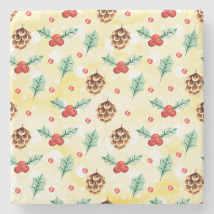Porta-copo De Pedra Pine Cones e Holly Natal Patterno