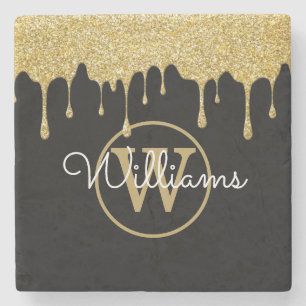 Porta-copo De Pedra Pingo de Glitter Dourado Nome Rascunho Monograma P
