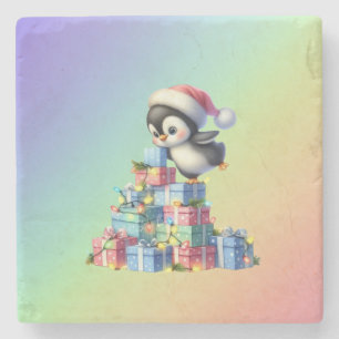 Porta-copo De Pedra Pinguim de Natal bonito com presentes e cartões lu