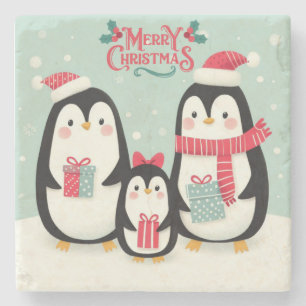 Porta-copo De Pedra Pinguins de neve de Natal feliz
