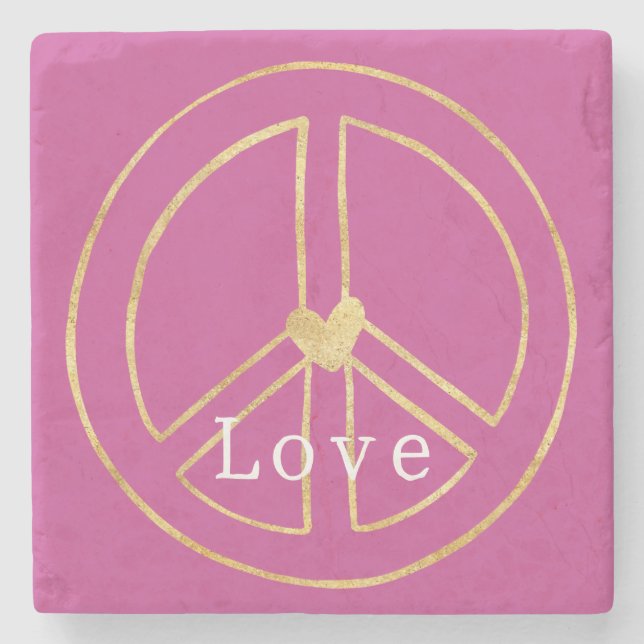 Porta-copo De Pedra Pink Gold Heart Peace Sign Love Valentine's Day (Frente)