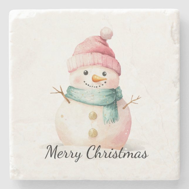 Porta-copo De Pedra Pink Mint Christmas Snowman (Frente)