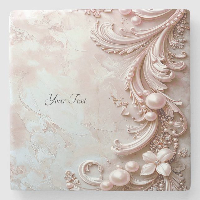 Porta-copo De Pedra Pink Ornate Pearl and Floral Stone Coaster (Frente)