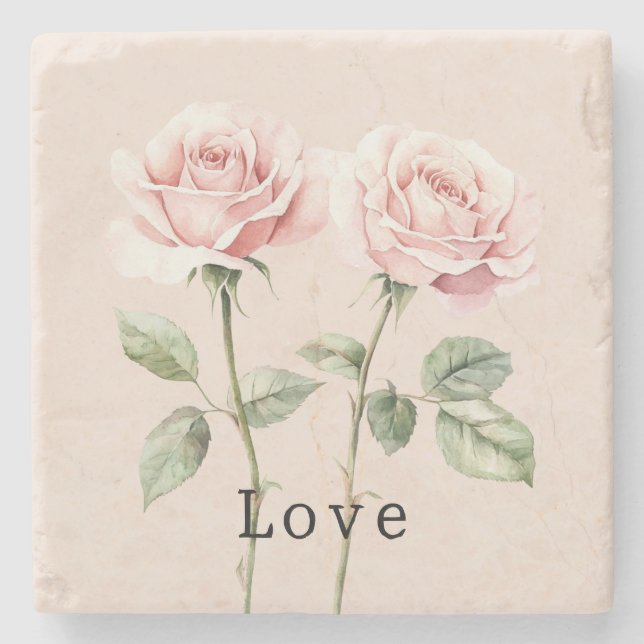 Porta-copo De Pedra Pink Roses Floral Love (Frente)