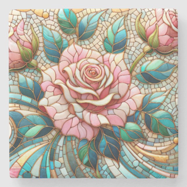 Porta-copo De Pedra Pink Roses Stained Glass Mosaic (Frente)